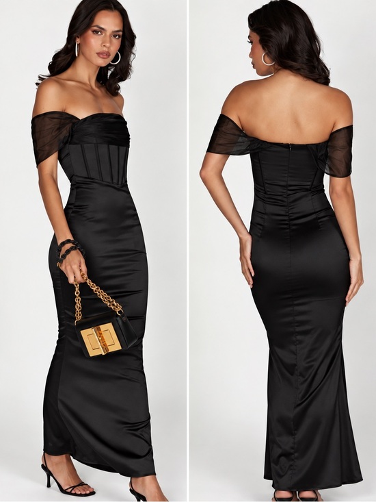 Meshki Dresses & Skirts - Meshki Everly Off Shoulder Organza Satin Black Maxi Dress